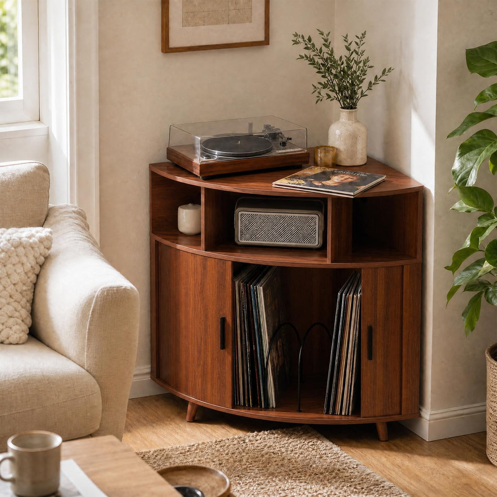 Corner Record Player Stand with Charging Station, Mid Century Modern Vinyl Storage Cabinet with Curved Door, Small