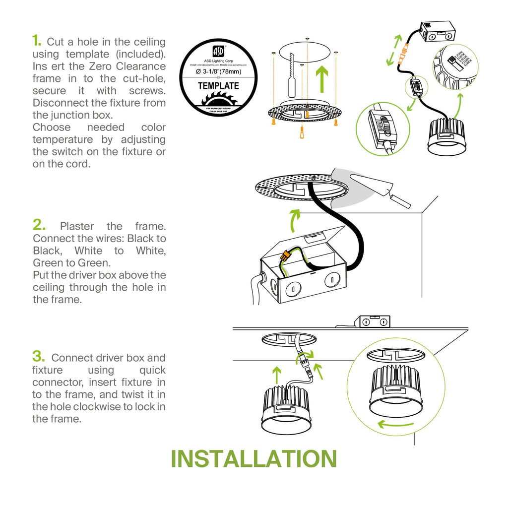 2 Inch Trimless Gimbal LED Recessed Ceiling Light Fixture, Adjustable Directional Downlight with Junction Box, 5CCT