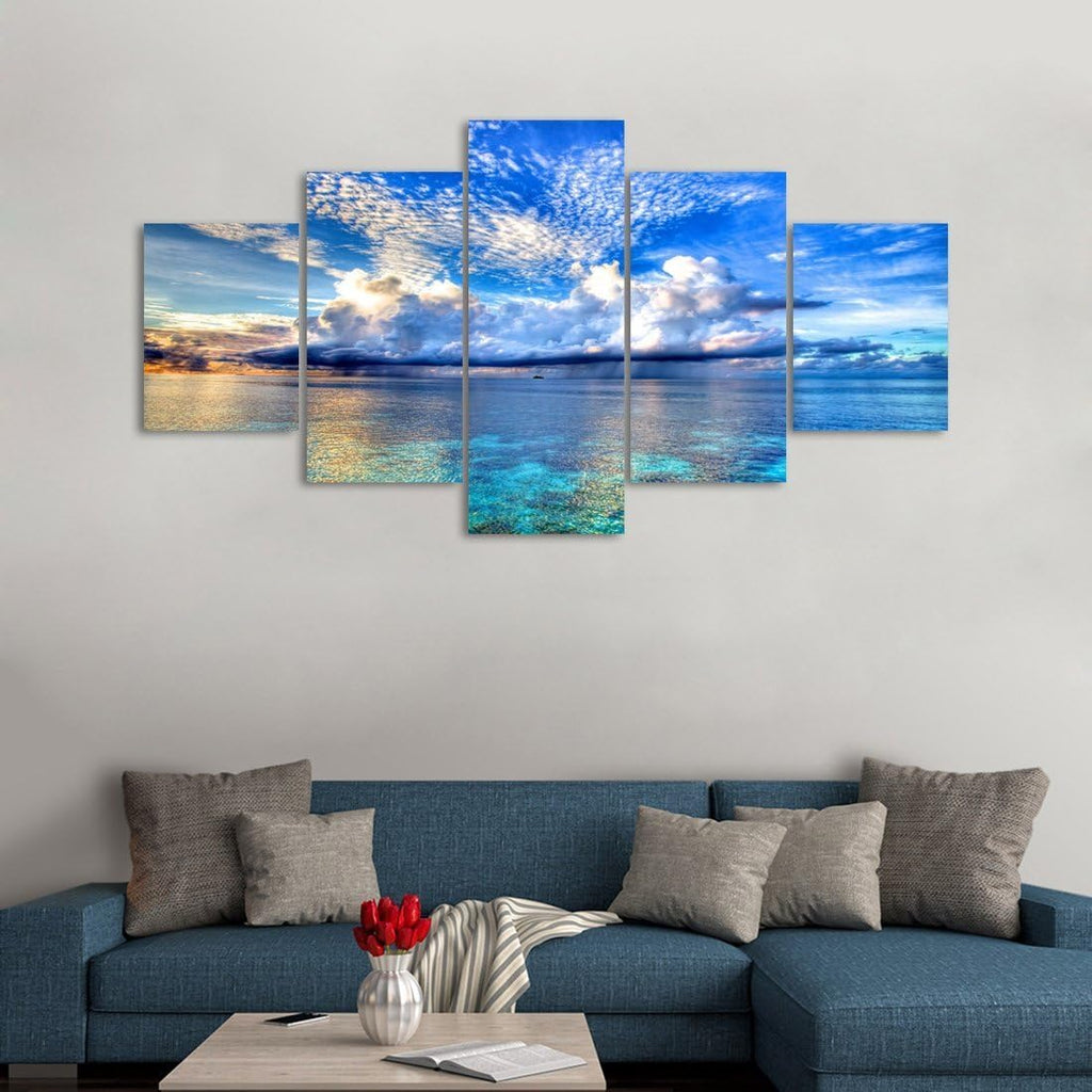 White Cloud Blue Sky Modern Seaside 5 Piece Giclee Seascape Canvas Prints Artwork on Canvas Landscape Wall Art Decor