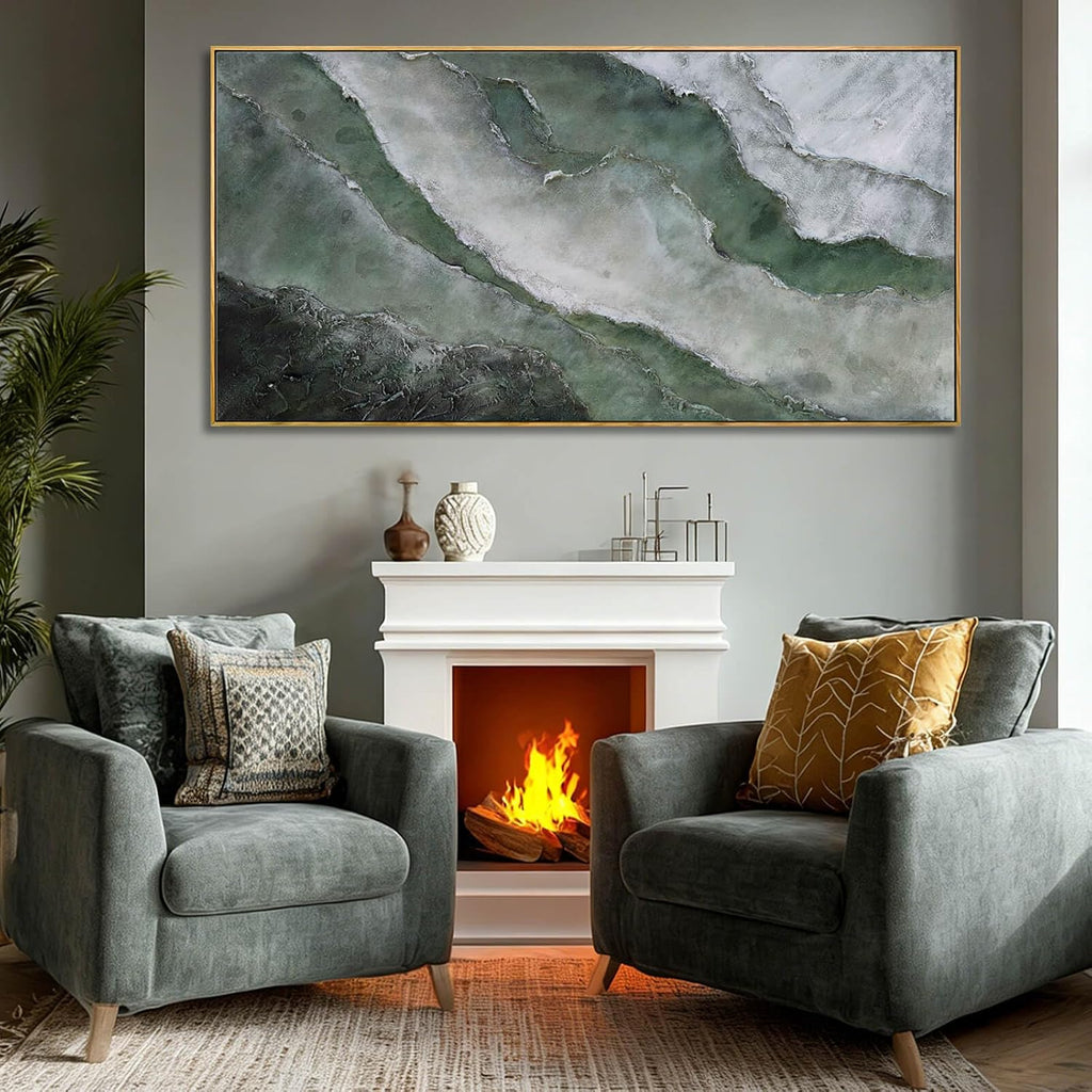 Green and White Abstract Wall Art, Large Framed Canvas Painting with Wooden Frame, Modern Abstract Wall
