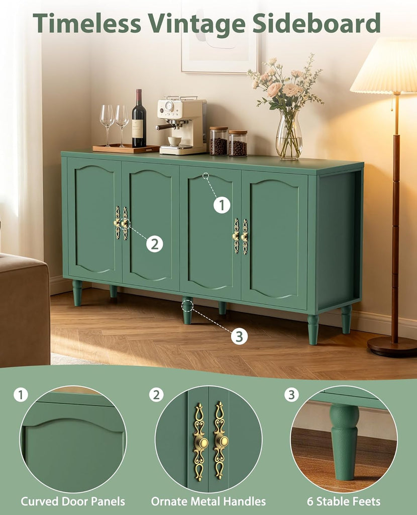 63" Sideboard Buffet Cabinet, Mid Century Modern Credenza Storage Cabinet with Carved Handle & Adjustable Shelves