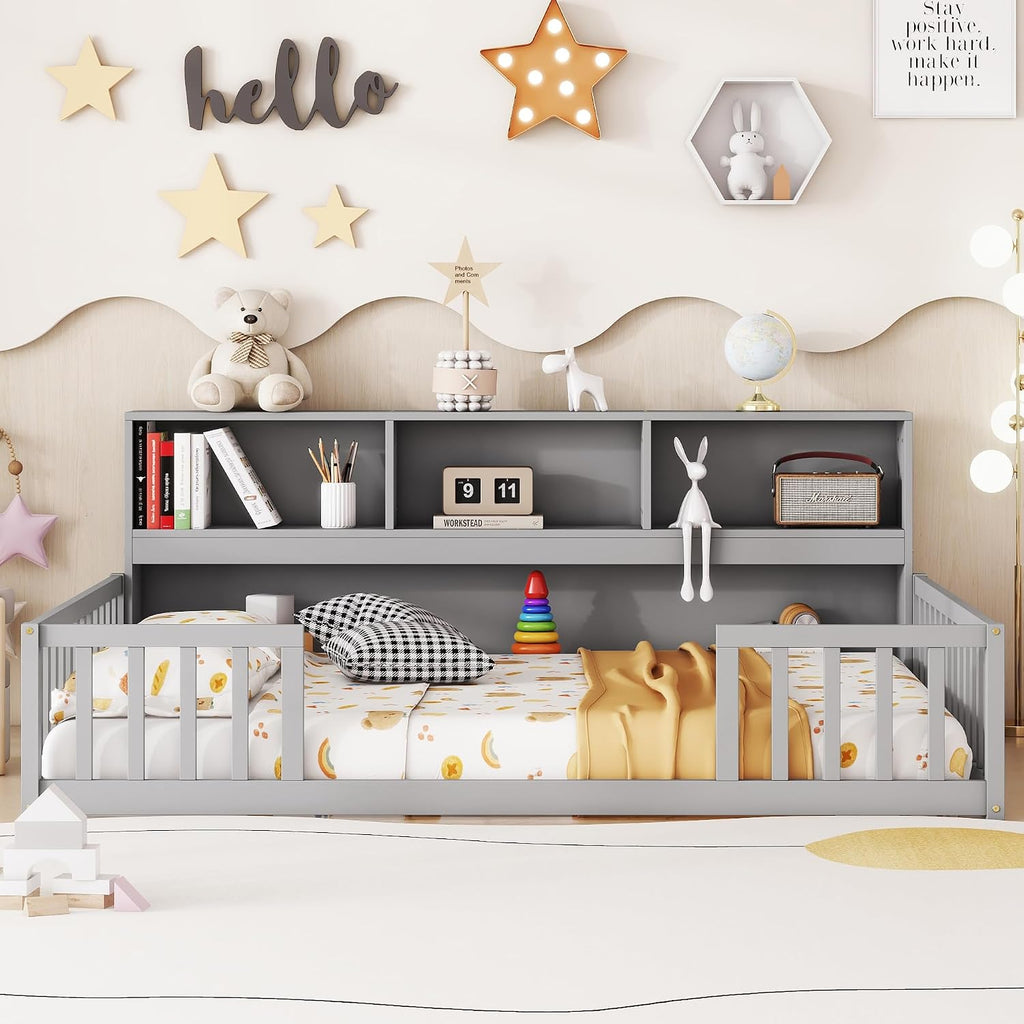 Kids Montessori Floor Bed,Full Size Floor Bed with Bookcase and Shelves,Full Bed Frame with Guardrails for