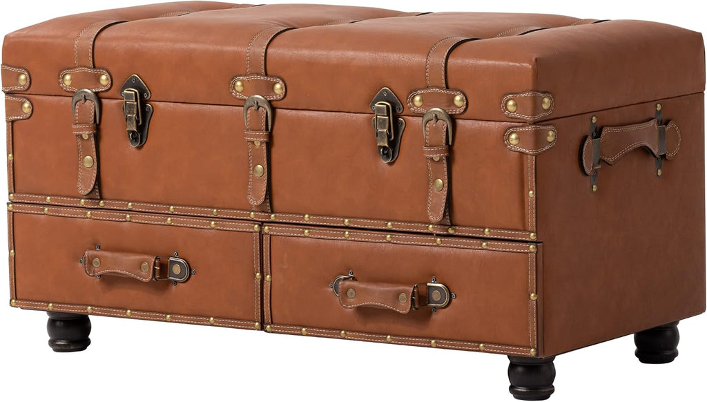 Vintage Treasure Chest Bench with Latch Closure and Buckle Trunk , Farmhouse Faux Leather Storage Ottoman Bench