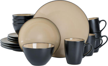 Soho Lounge 16-Piece Round Reactive Glaze Stoneware Dinnerware Set, Service for 4 - Taupe Plates and Bowls