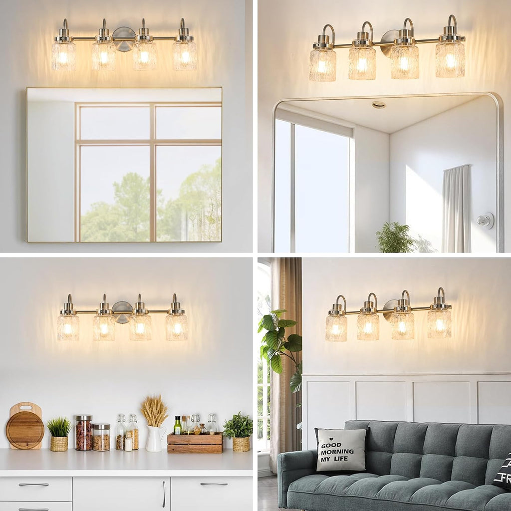 4 Lights Bathroom Vanity Light, Brushed Nickel Bathroom Light Fixtures with Hammered Glass Lampshade for Dressing