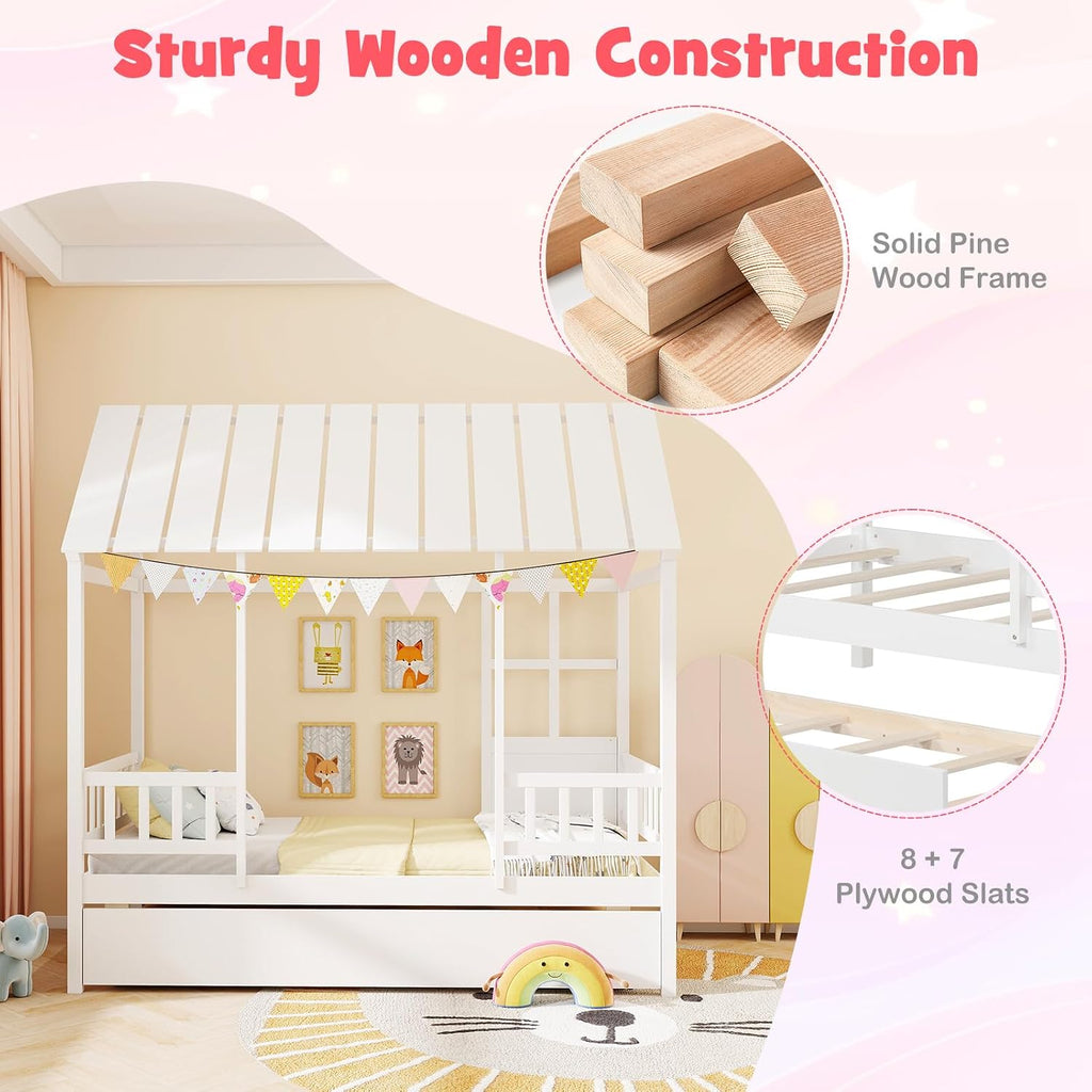 Tw Bed with Trundle Bed Twin, Wooden Montessori Bed Frame with Roof & Safety Guardrail for Kids, Teens, Boys or