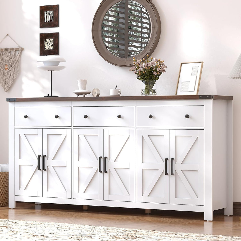 71" Large Sideboard Buffet Cabinet with Storage, Modern Farmhouse Coffee Bar with 3 Drawers and 6 Barn Doors