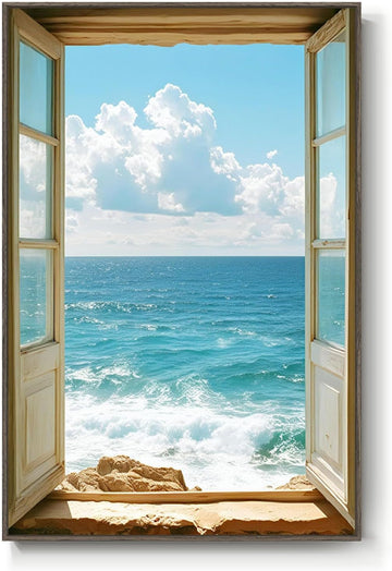 Framed Window Beach Scene Wall Art, Blue Ocean Vertical Coastal Canvas Painting Prints, Summer Seascape Wave Artworks
