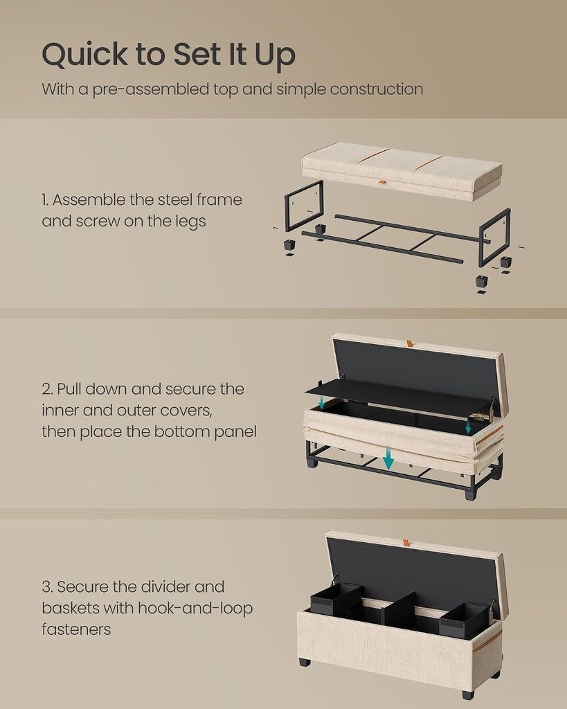 Storage Ottoman Bench, Storage Chest, 15.7 x 43.3 x 15.7 Inches, End of Bed Bench, 27 Gal. (103 L), Cappuccino Beige