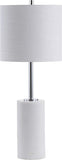 25.5" White Marble and Chrome Modern LED Table Lamp, Minimalist Iron Bedside Lamp Bedroom, White Linen Drum Shade