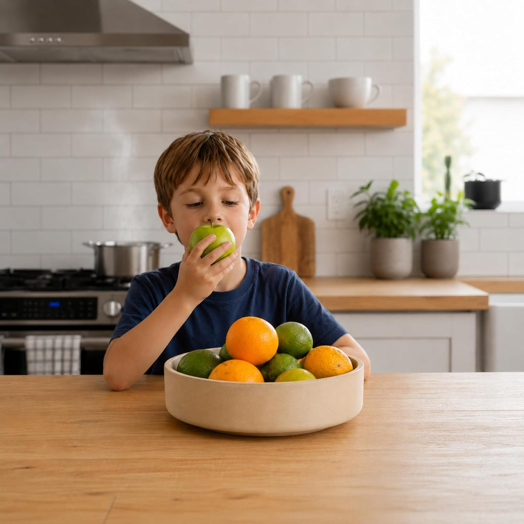 Large Fruit Bowl Counter, Modern Resin Pedestal Centerpiece, Stone-Look Matte Finish in Natural Sandstone, Decorative