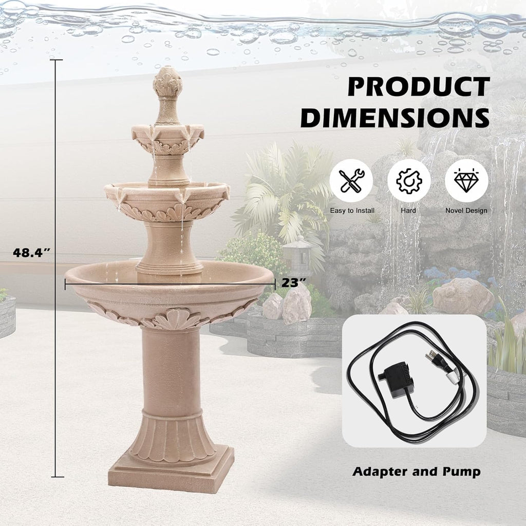 Italian Outdoor Fountains and Waterfalls, 48.4" H Bubbler Floor Waterfall Fountain with Pineapple Top and Pump, 3