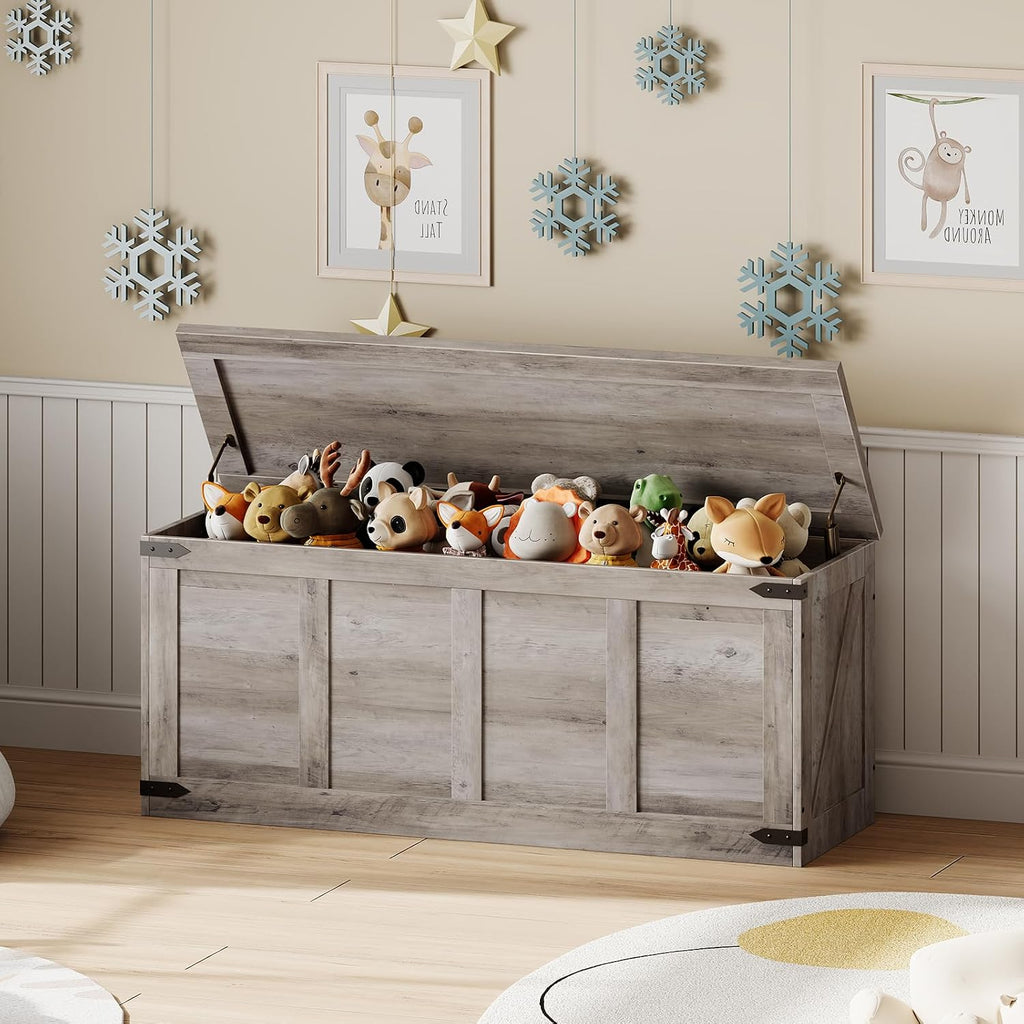 Storage Bench, 47.2"Toy Box Organizer with Safety Hinges, Farmhouse Wooden Storage Chest, Greige BG520CW01