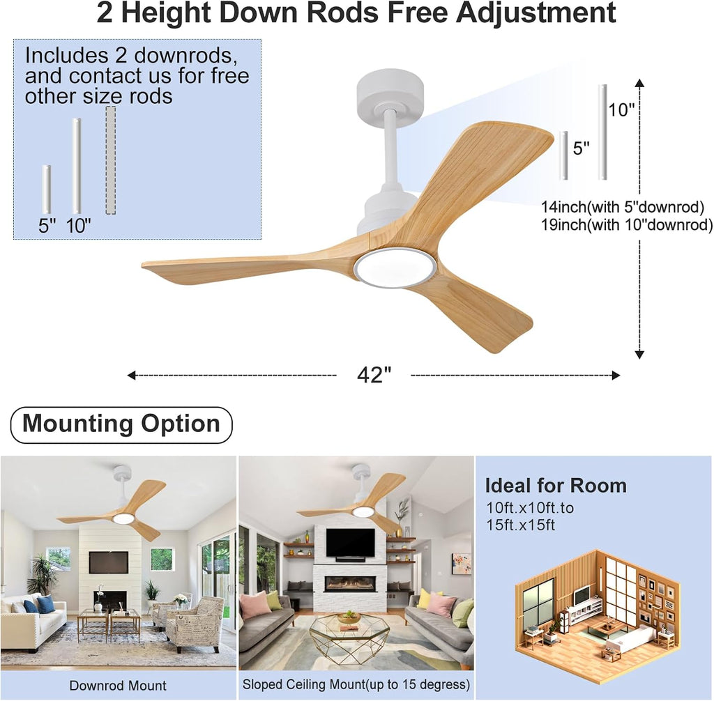 42 Inch Ceiling Fans with Lights and Remote, Dimmable, Natural Wood Ceiling Fan with Light