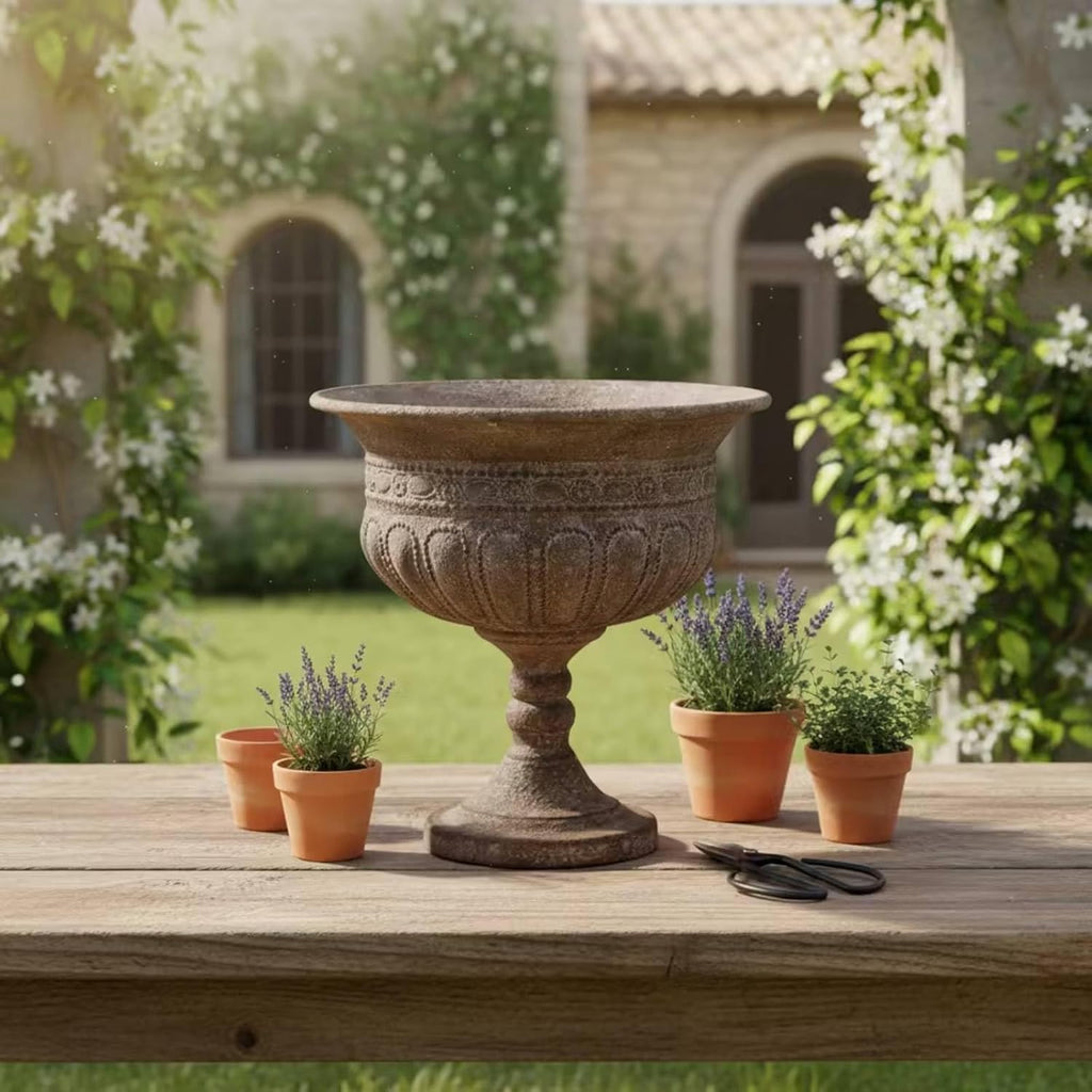 Outdoor Trophy Vase Garden Urn Planter Pedestal Pottery Decorative Container Iron Construction Textured Stone Like