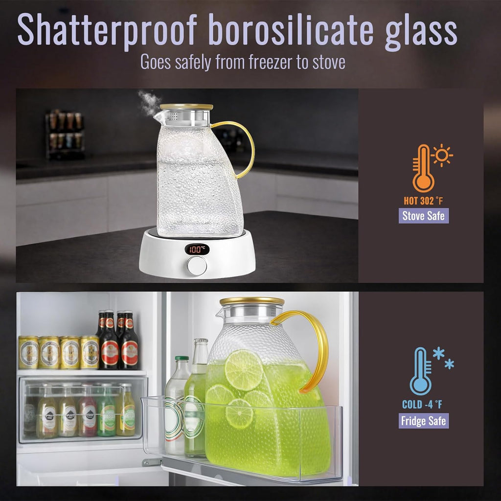 Glass Pitcher With Lid and Spout, 1.8 Liter 60 oz Glass Pitchers With Handle And Lid, Jug Water Pitchers For Fridge