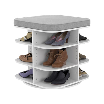 Shoe Storage Bench Ottoman, Rotating with Gray Cushion, Adjustable, White Finish