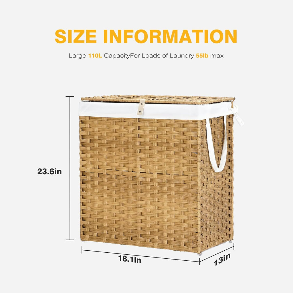 110L Extra Large Divided Laundry Hamper with Lid, 2 Section Collapsible Dirty Clothes Basket, Dual Removable Liner