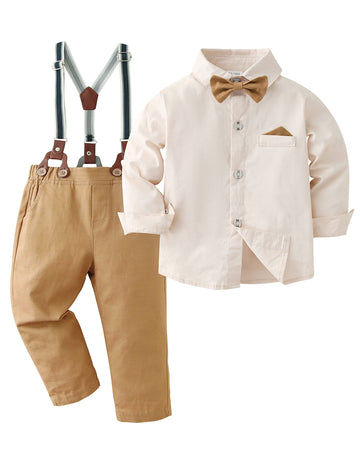 Boys Church Outfit Apricot Brown Long Sleeve Dress Shirt Bow Tie Suspender Pants Toddler Formal Outfit Boy