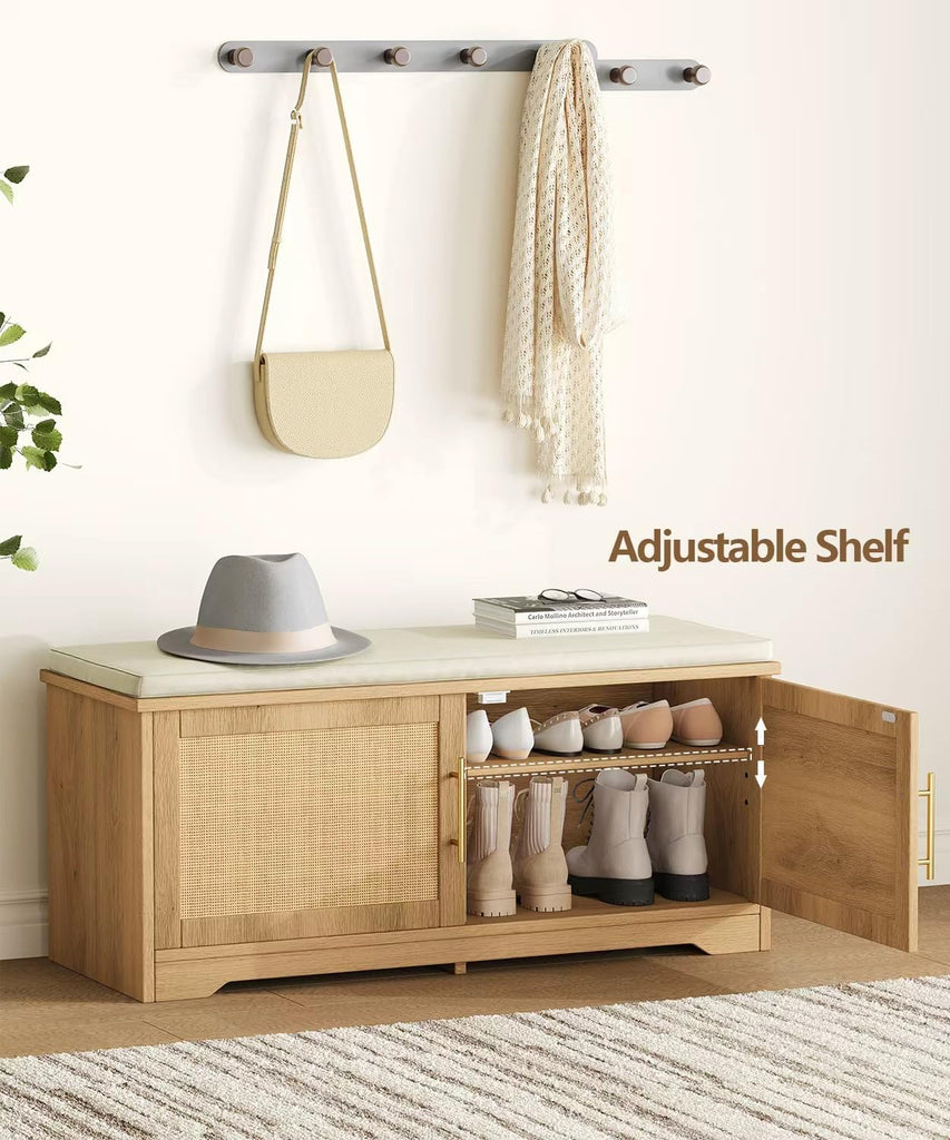 Rattan Shoe Storage Bench with Cushion, 39.4" Wide Entryway Bench with Adjustable Shelf, Hidden Shoe Organizer