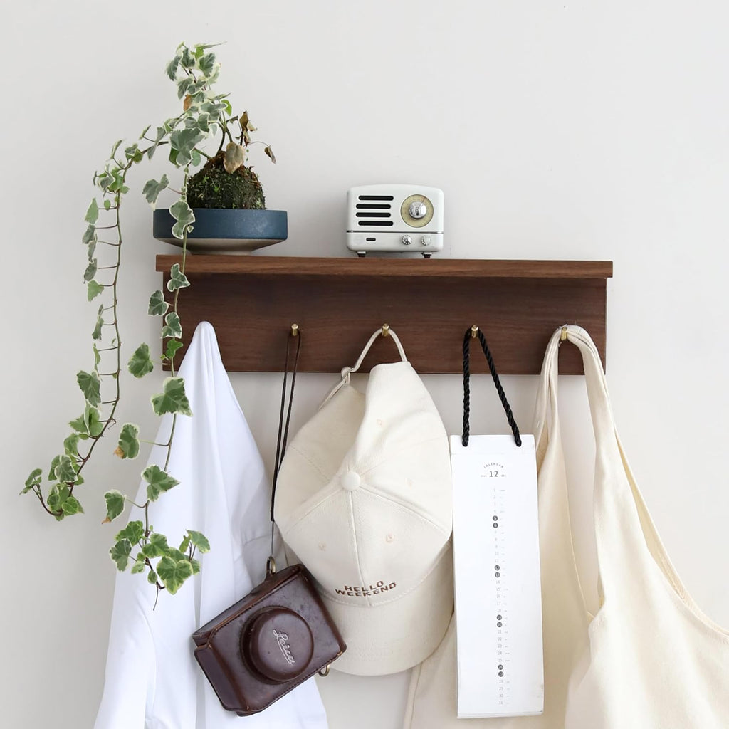 Wall Mount Walnut Coat Rack, 5 Brass Hooks, Floating Shelf | Adjustable rail with movable wood hooks