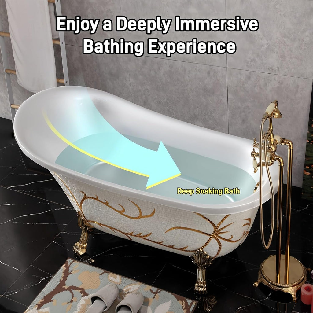 54" Edeyeu Freestanding Bathtub - Solid Surface Soaking Tub With Gold Clawfoot Elegance, Designer Free Standing