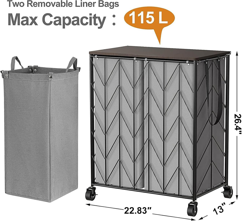 Double Laundry Hamper with Lid, Rolling Laundry Basket with Wheels | Heavy Duty Wire Clothes Hamper with Divided