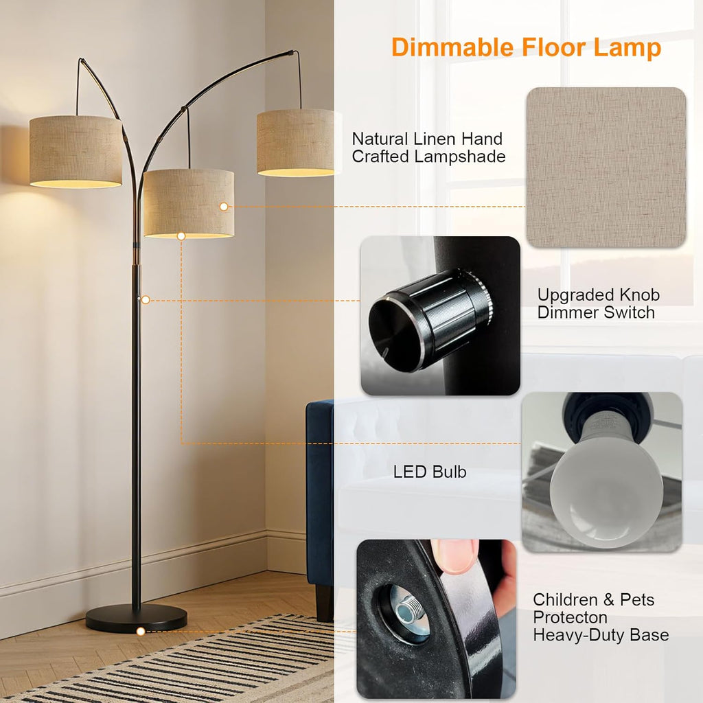 80 Inch Arc Floor Lamp with Remote Control, 3-Light Dimmable Standing Lamp, 2400LM Super Bright Tree Lamp