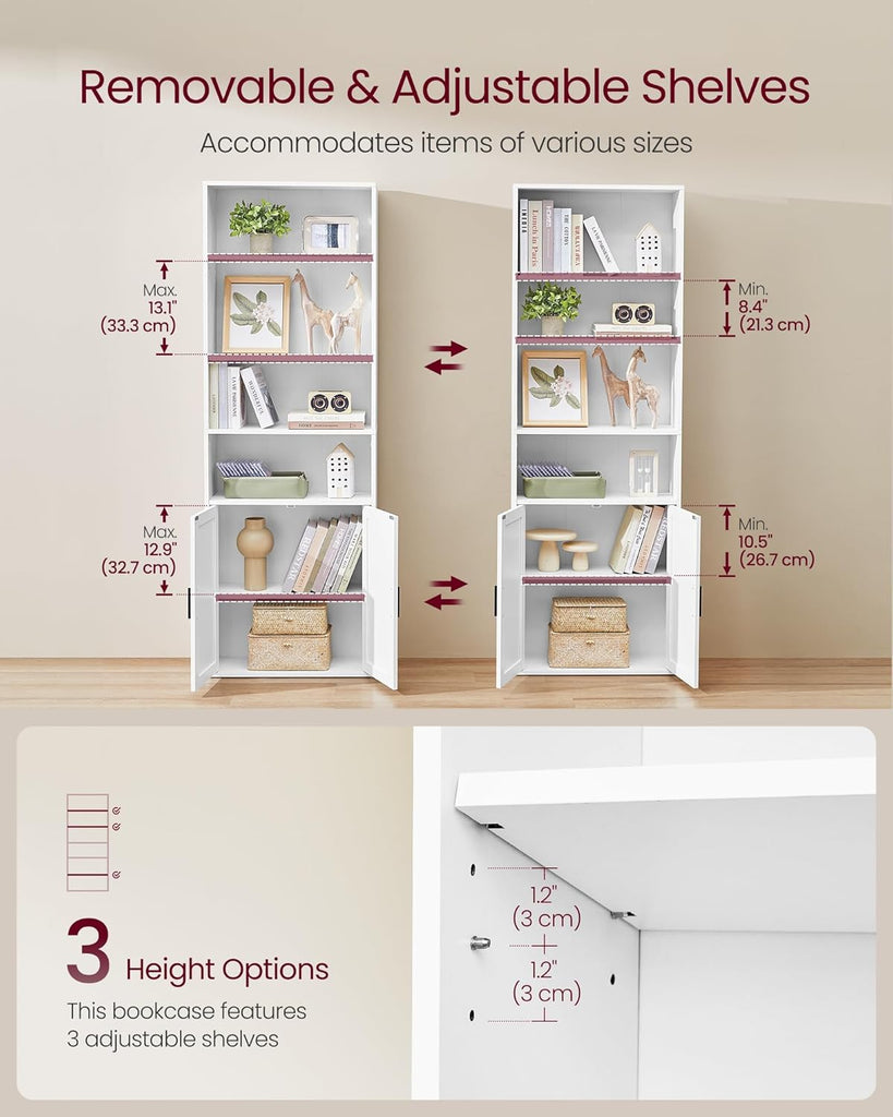 Bookshelf, 6-Tier Tall Bookcase, Book Shelf with Doors, Open Storage Shelf