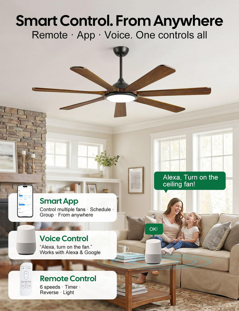 72 inch Smart Wood Ceiling Fan with Large Light, Remote/Alexa/App Control, Farmhouse 7 Solid Walnut Blades
