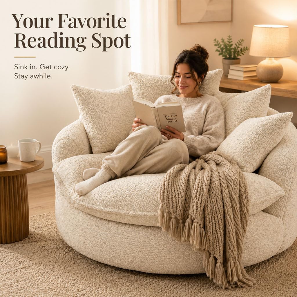 Oversized Round Lounge Chair Indoor, 56" Deep Seat Circle Sofa with Double Armrests & Pillows, Fluffy Cloud Chenille