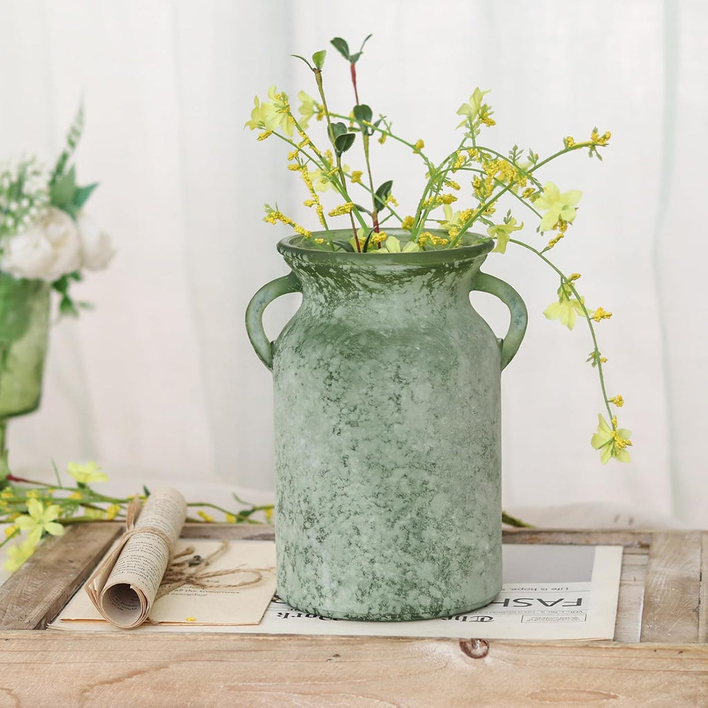 Glass Flower Vase with Handle - 8 Inches Rustic Imitation Ceramic Vase