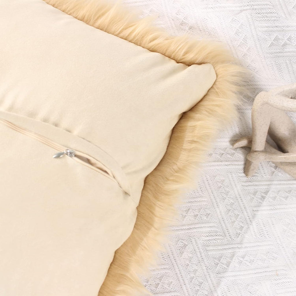 Fluffy Decorative Throw Pillow Covers Beige 20×20, Faux Fur Farmhouse Luxury Pillow Cases,Soft Plush Fuzzy Cushion