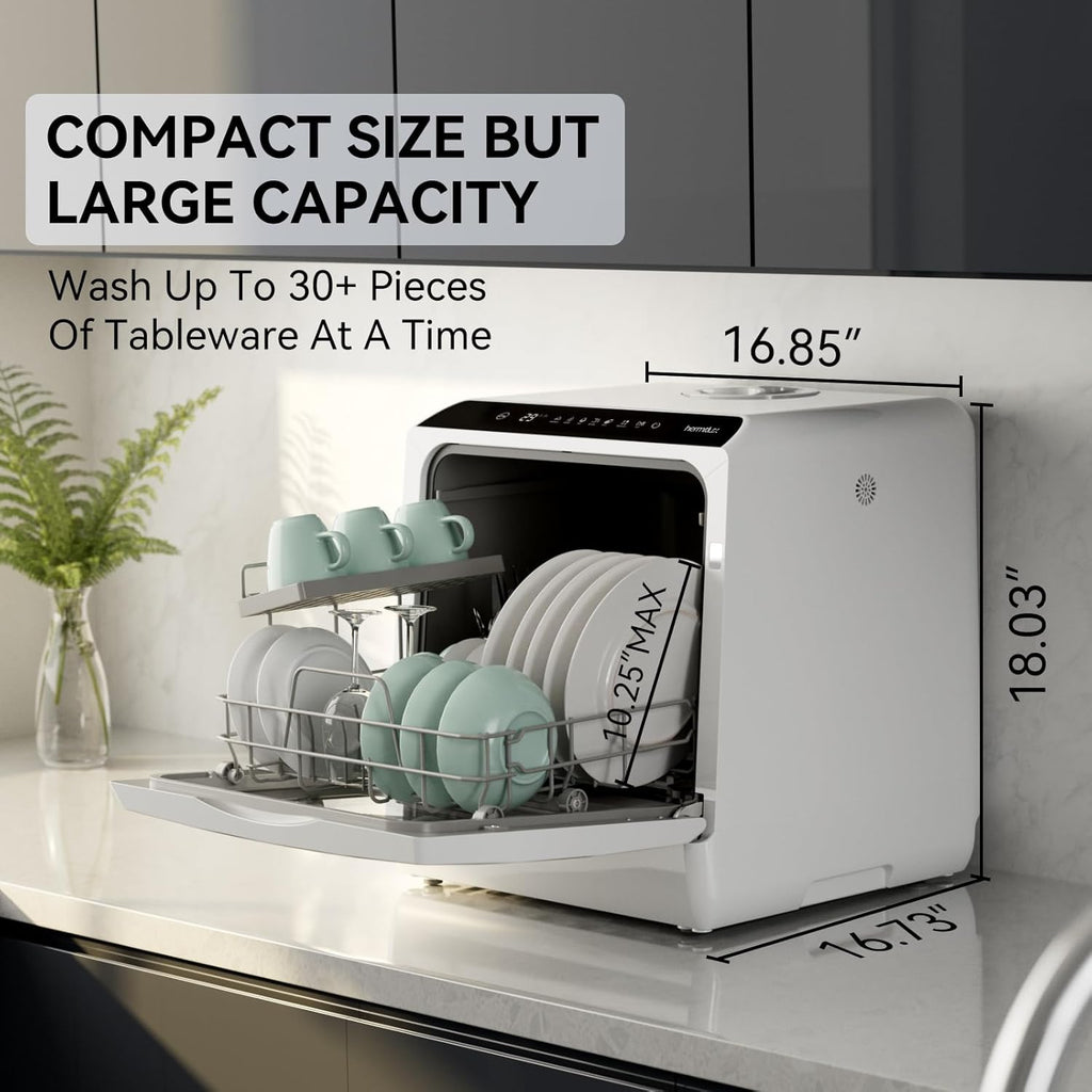 Portable Countertop Dishwashes, 5 Washing Programs Mini Dishwasher with 5-Liter Built-in Water Tank for Apartments & RVs, Tabletop Dishwasher with LED Light & Glass Door, No Hookup Needed