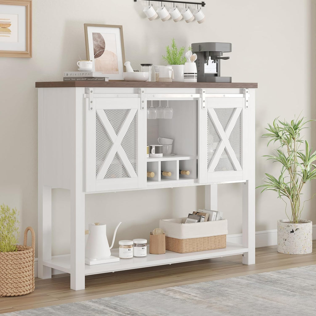 Wine Bar Cabinet with Storage - Sliding Barn Door Kitchen Buffet, Wood Sideboard Console with Wine Rack & Glass