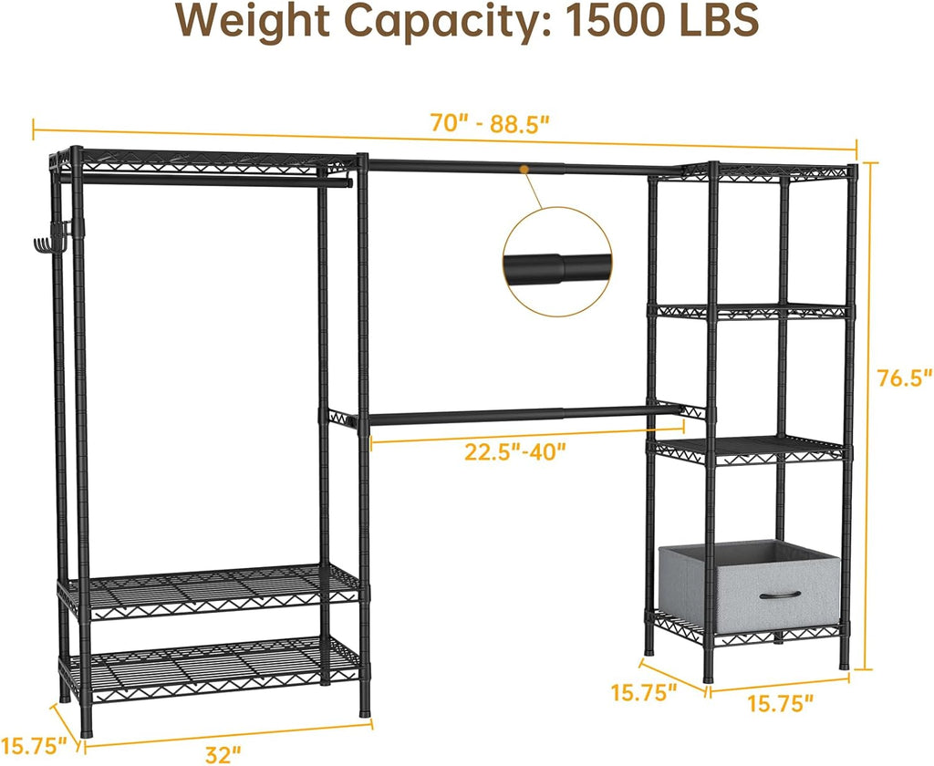 Heavy Duty Clothing Rack with Adjustable Shelves Clothes Wardrobe | Coat Rack Metal Closet Organizer and Storage