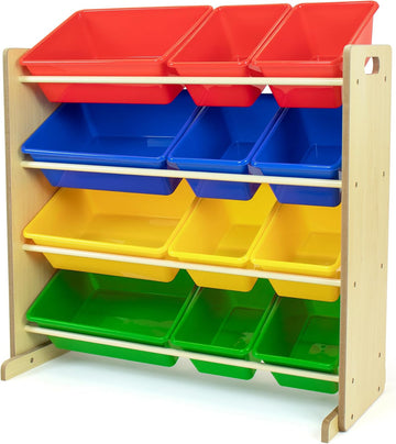 Kids' Toy Storage Organizer with 12 Plastic Bins, Natural/Primary, Model Number: WO560