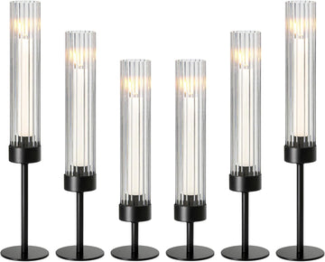 Metal & Acrylic Taper Candle Holders with Ribbed Design - Hurricane Clear Cylinder Candelabra, Dining Table