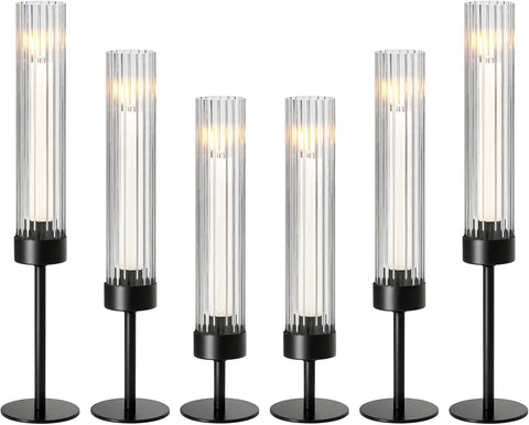 Metal & Acrylic Taper Candle Holders with Ribbed Design - Hurricane Clear Cylinder Candelabra, Dining Table