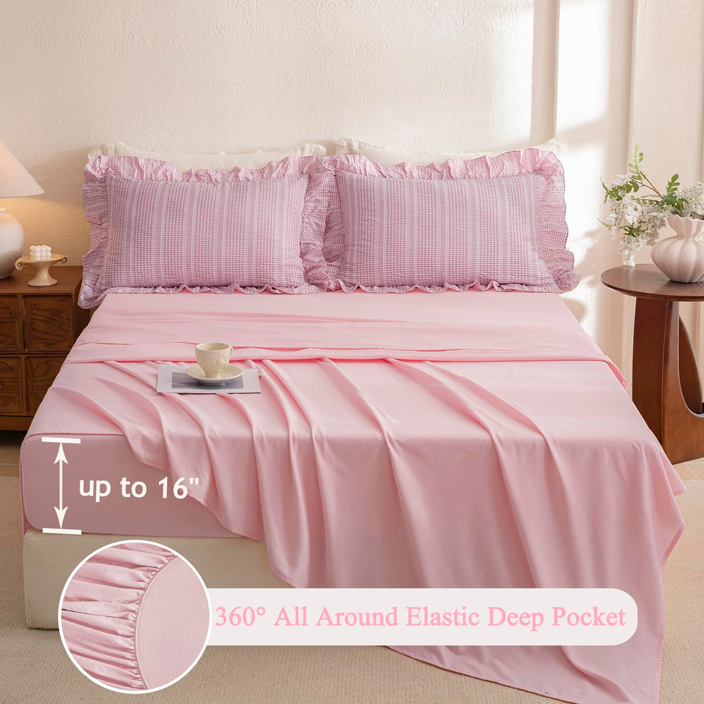 Gingham Comforter Set Pink Seersucker Ruffle Bedding Set