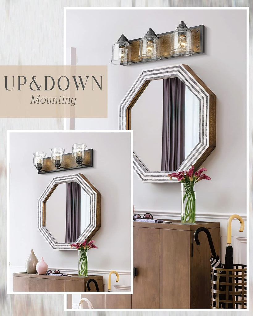 23" 3-Light Farmhouse Bathroom Vanity Light with Bubble Glass, Brown | Farmhouse Rustic style, Metal base with