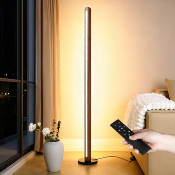 Handcrafted Walnut Ash Solid Wood Floor Lamp, Modern Dimmable Corner LED Standing Light with Remote & Foot Switch