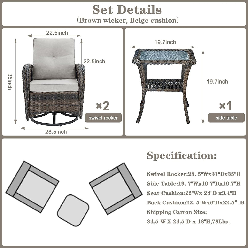 Patio Wicker Chairs Swivel Rocker - Outdoor Swivel Rocking Chairs Set of 2 with Rattan Side Table, Patio Swivel