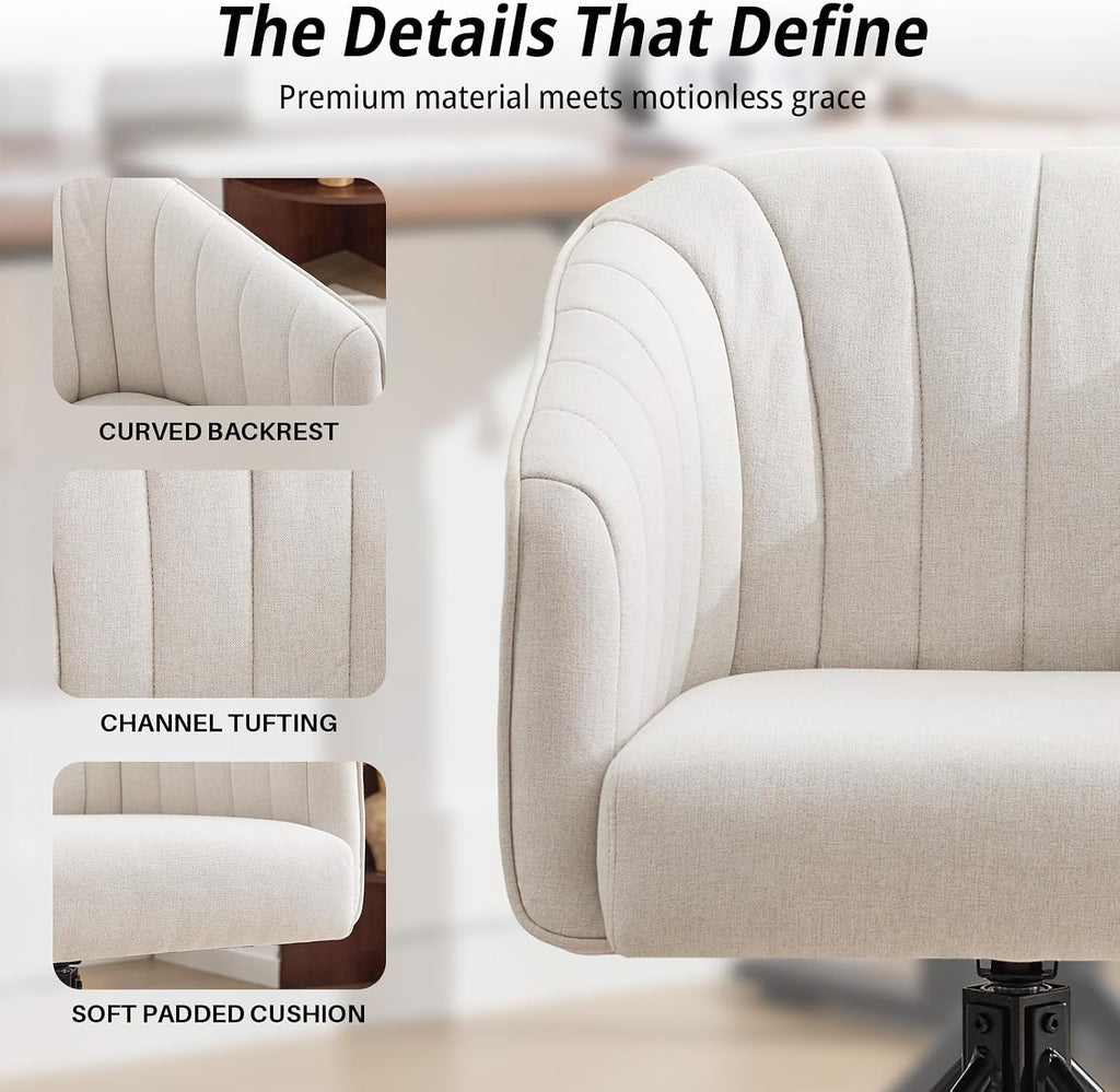 Swivel Desk Chair No Wheels, Modern Upholstered Office Chairs Stationary, Comfy Dining Chairs with Mid Back, Accent