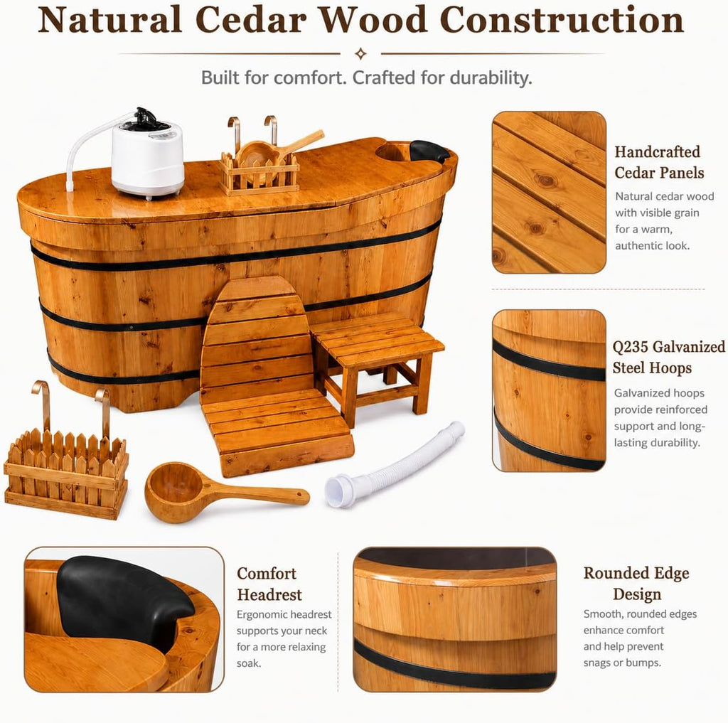47" Cedar Wood Japanese Soaking Tub - Adult Wooden Bathtub with Steam Package & Accessories