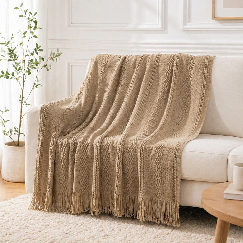 Boho Farmhouse Throw Blanket, 50x60 Tan Taupe Living Room Decor