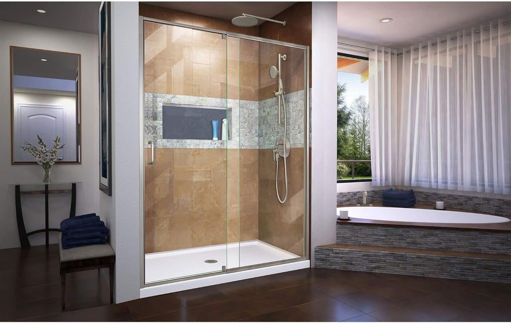 Flex 56-60 in. W x 72 in. H Semi-Frameless Pivot Shower Door in Brushed Nickel, SHDR-2260720-04