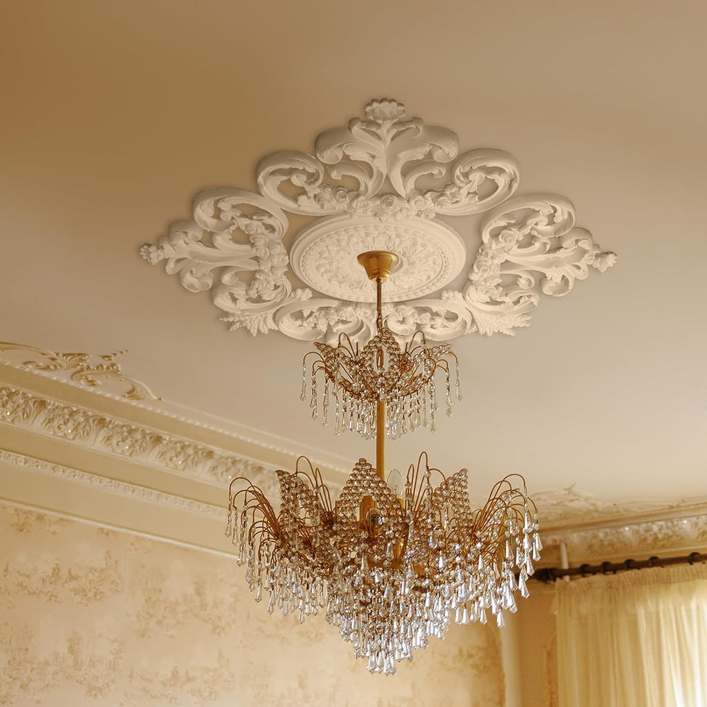 28'' Large PU Ceiling Medallion Combination Decorative 2.36'' ID French Style Chandelier Base Ceiling Medallion for Light Fixtures Victorian Rosette Light Covers for Chandeliers(Classic)