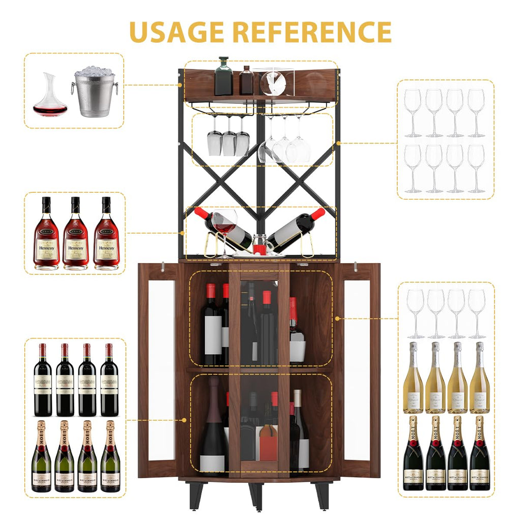 Walnut Corner Wine Cabinet, Lockable Glass Door with LED Light