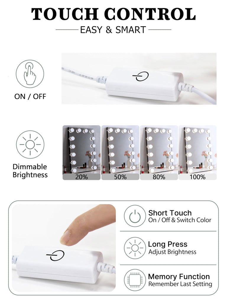 14 Bulb Vanity Lights for Mirror, Plug-in Power Adapter & Touch Dimmer, 6, 000K, 1350 Lumens (Mirror Not Included)